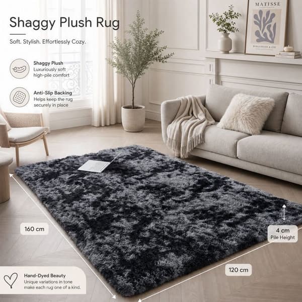 Mjuk, halkfri ryamatta – allergivänlig polyester för vardagsrum och sovrum – 120 x 160 cm mörkgrå