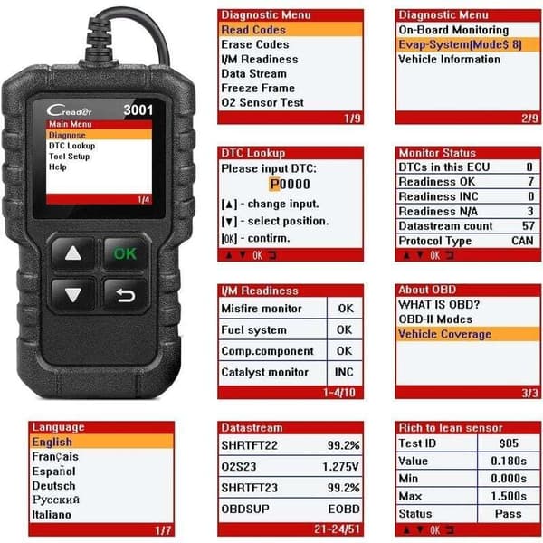 Launch CR3001 OBD2-scanner til benzin- og dieselbiler – Læs og slet fejlkoder – EVAP-systemtest – Visning af livedata