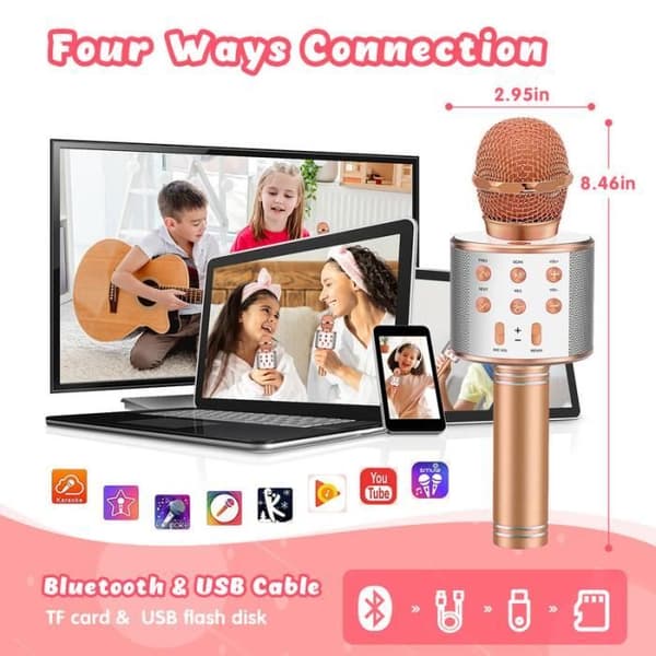 Trådlös karaokemikrofon - Roséguld - Bluetooth - För barn 3-12 år - Perfekt present