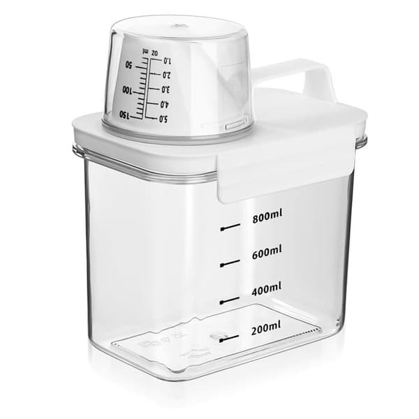1100 ml lufttæt vaskemiddeldispenser med målebæger, opbevaringsboks, vaskemiddelbeholder