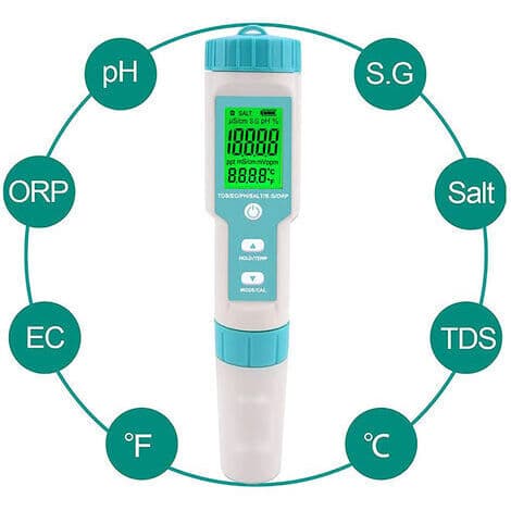 5-i-1 Digital Salinitets- og pH-tester – Måler Salinitet 0-9990 ppm – LCD-skærm – Til Swimmingpools, Spabade og Vildmarksbade