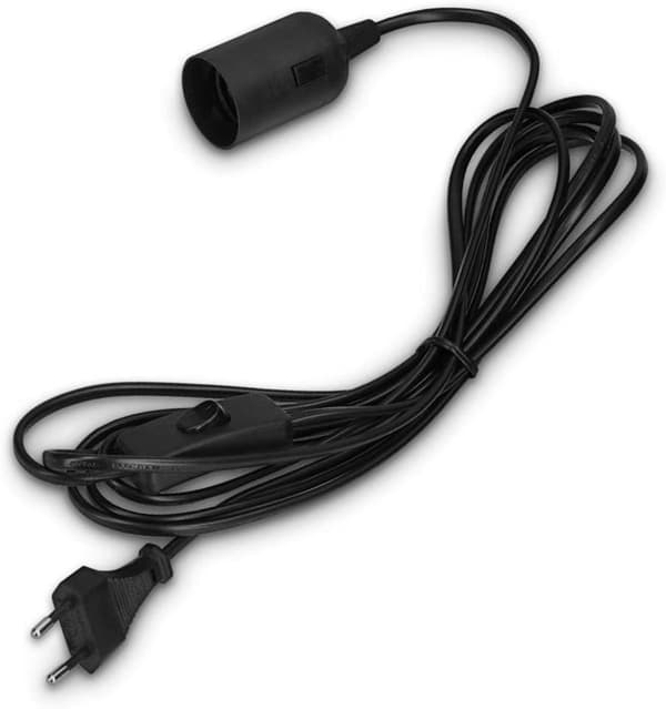 E27 med ledning - Lampeholder til pære med strømkabel, stik og afbryder - 1,8m kabel (sort)