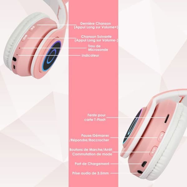 Trådlösa hörlurar - Uplayteck - Vikbara Bluetooth-hörlurar - Inbyggd mikrofon - Brusreducering - Rosa