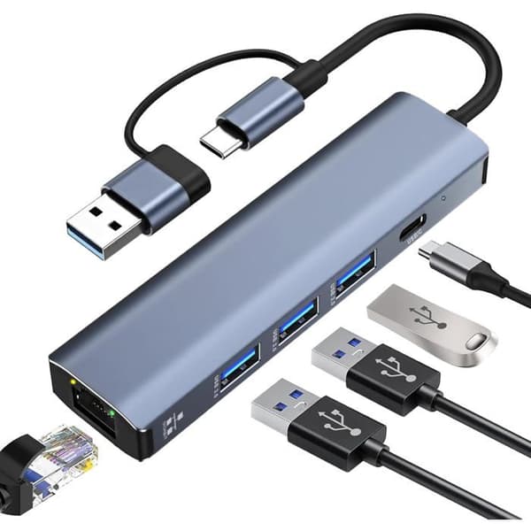USB Ethernet -sovitin, 1 Gbps, 5-in-1 USB 3.0 ja USB-C–RJ45 LAN -sovitin 3 USB 3.0 -portilla ja 1 Type-C -portilla