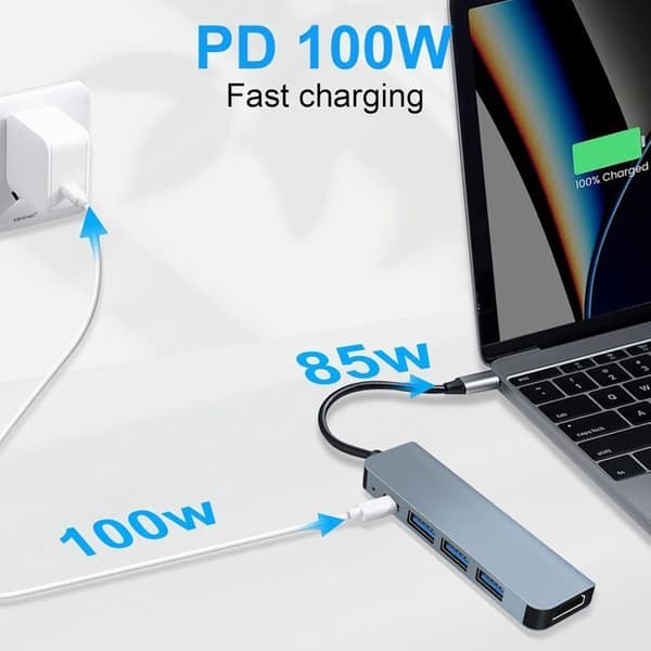 USB-C-hub, USB-C til HDMI 4K-adapter med 100W PD, USB 3.0-porter, Multi-data-porter 5 Gbps 5-i-1 USB-C-dokk