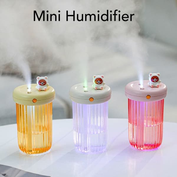Mini Bjørn USB Luftfukter – Dobbel Tåke 240ml – Stillegående, Stemningslys – Kontor, Soverom, Bil, Hvit