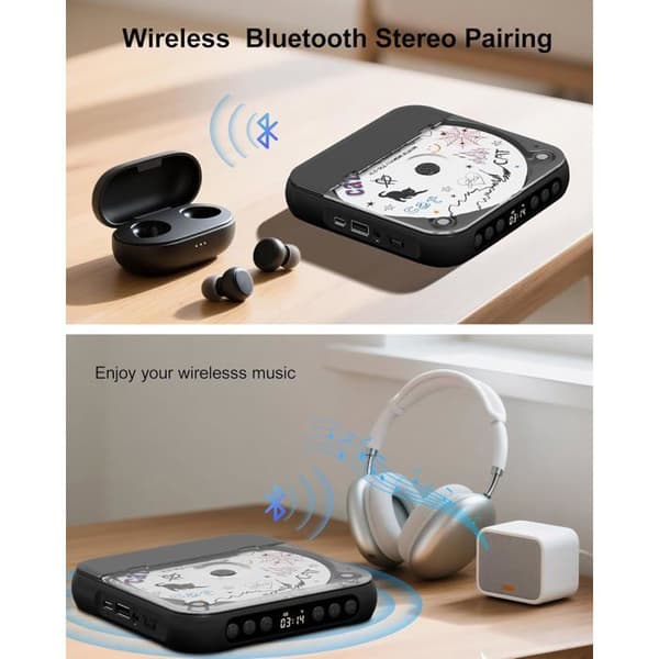 Bluetooth CD-afspiller - Mini bærbar CD-afspiller - Slank og let - Genopladelig - Hi-Fi-lyd - MP3/CD/CD-R-kompatibel - Sort