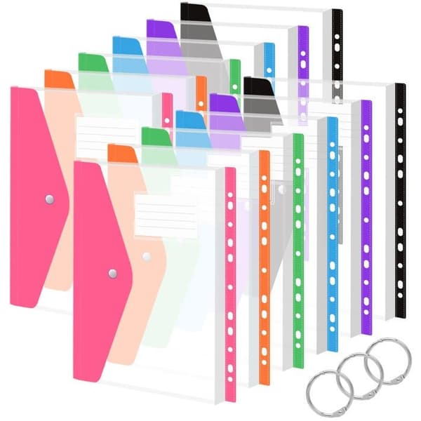 A4 plastiklommer med klap (assorterede farver), kompatible med ringbind — Pakke med 12