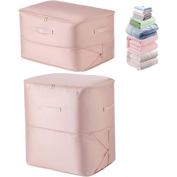 Sæt med 2 kompressionsposer, ultra pladsbesparende selvkomprimerende opbevaring til dyner, tæpper, sengetøj (Pink, XL+L)
