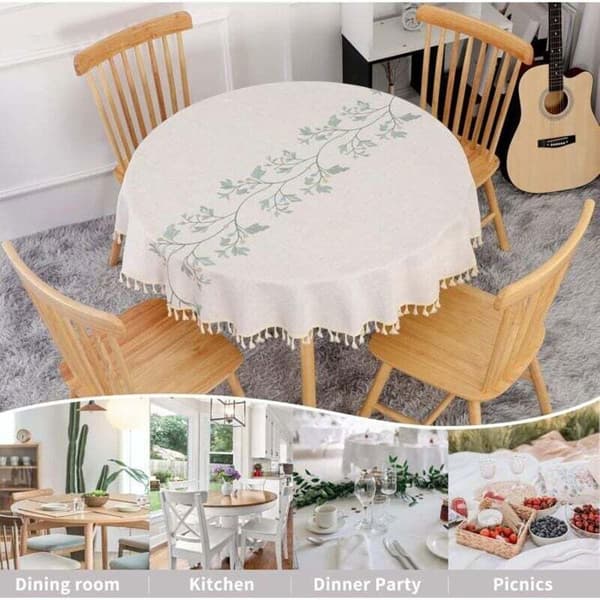 Rund duk - 140 cm - Beige - Broderade gröna blad - Fläckavvisande
