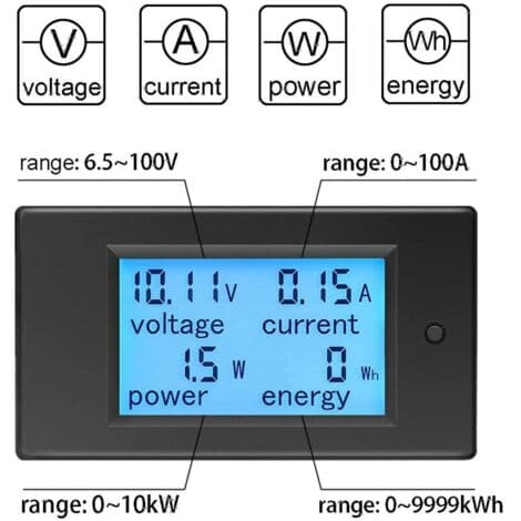 12V Voltmeter Amperemeter Tester Indikator Spænding Strøm Effekt Energi Digital DC 6.5-100V 100A Volt Ampere Watt Multimeter LCD Display Panel