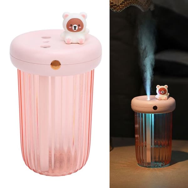 USB-luftfukter – Dobbel tåke 240 ml – Stillegående og nattlys – for kontor, bil og soverom – Rosa