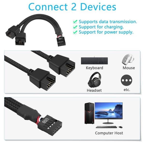 stykker USB 2.0 9-benet hun til dobbelt 9-benet han forlængerkabel, 9-benet USB 2.0 bundkort nylon header separator
