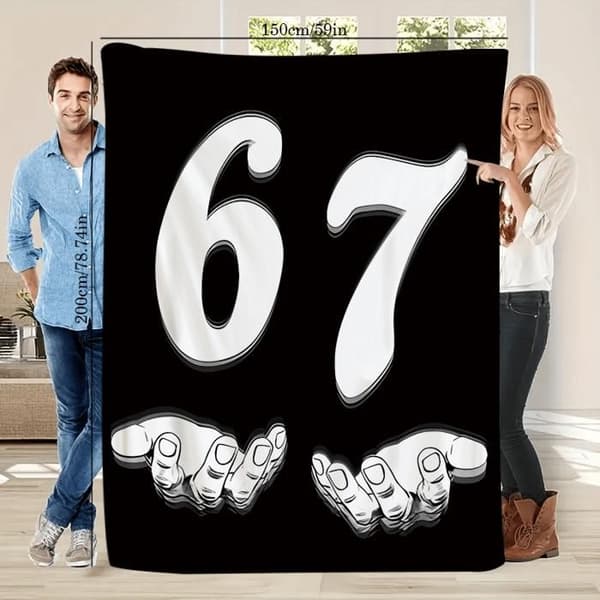 Trykt tæppe, nummer 67-tema, polyesterflannel, digitaltryk, ideelt til lure, camping, rejser, bil, 150*200 cm