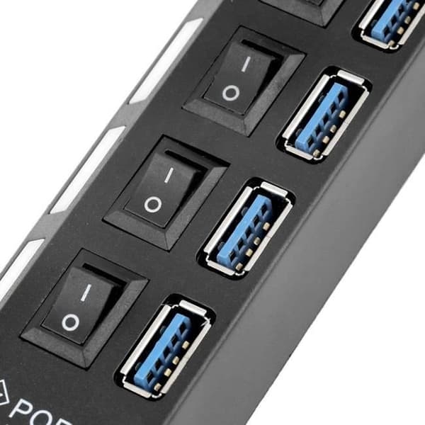 USB 2.0 HUB - SIMPLISIM - 7 portar - PÅ/AV-knapp - Kompatibel med Windows, Mac, Linux - Svart