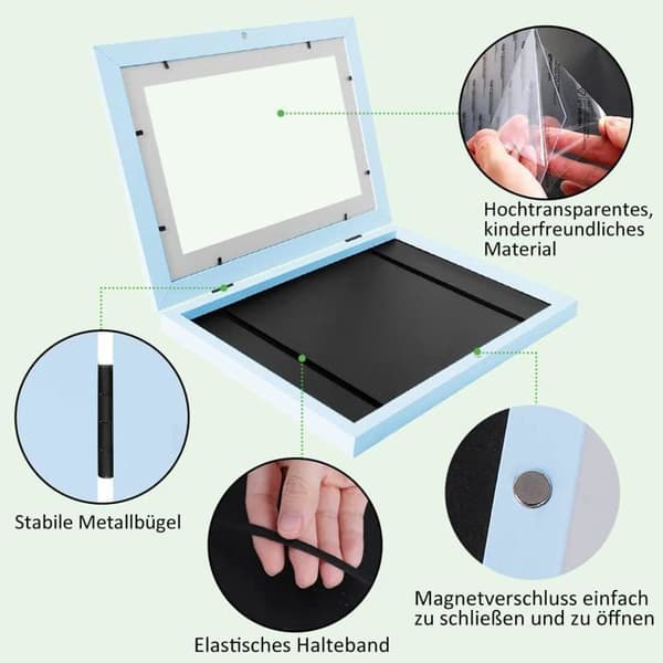 Tegneramme for barn med utskiftbare paneler, A4 tegneramme for barn med frontåpning, blå
