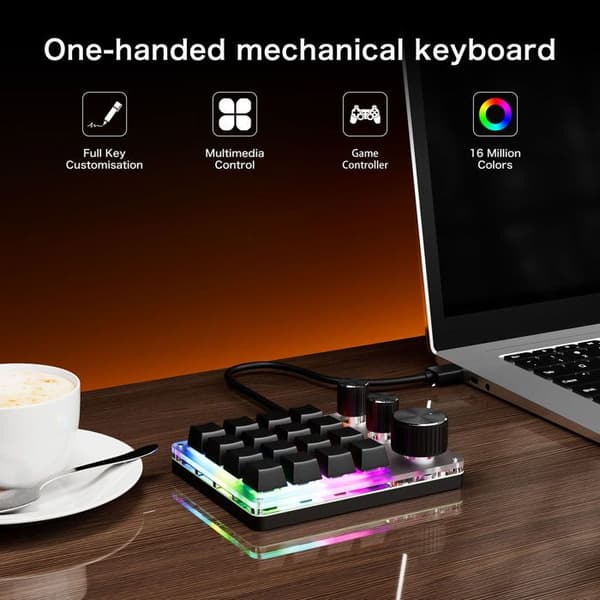 Mini programmerbart tastatur – 16 taster, 3 knapper – Kan tilpasses for tegning, snarveier, spilling – USB-C svart