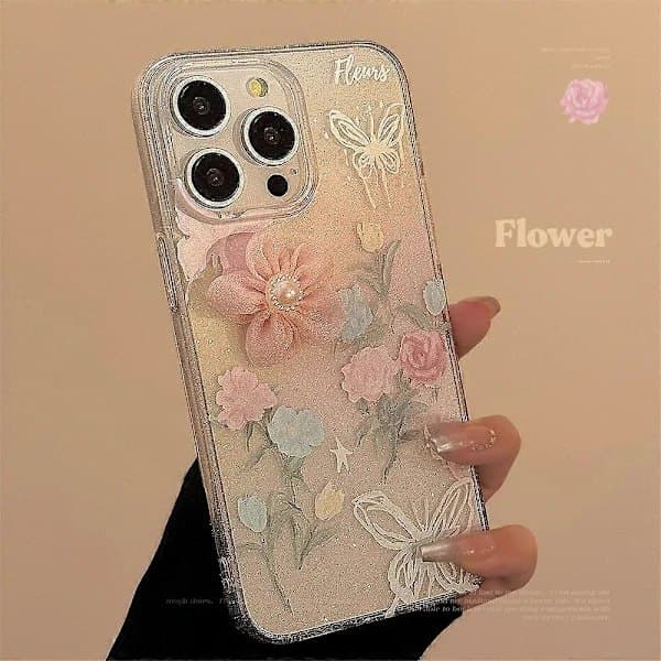 Mykt TPU 3D Roseblomst Glitterdeksel til iPhone 15 Pro