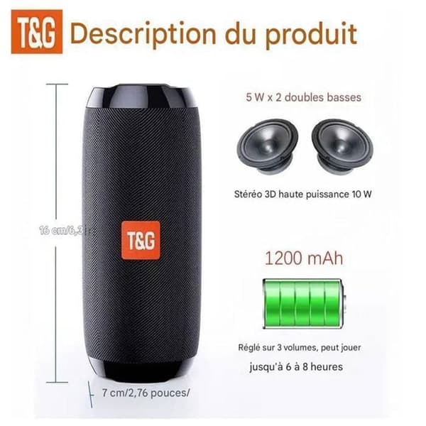 Ladattava Bluetooth-kaiutin, TG117 vedenpitävä kaiutin (musta) Tehokas stereo, Bluetooth, IPX7 vedenpitävä, iOS ja Android