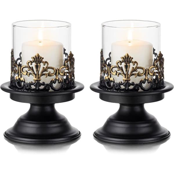 Sett med svarte shabby chic-stil søylelysestaker til bord - Rustikk gotisk glasslysestake - Orkan-stil midtpunkt