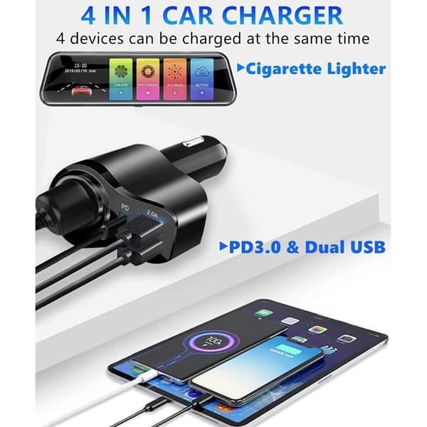 4-i-1 120W USB-C billaderadapter [PD3.0 + doble USB-A-porter] 12V/24V USB sigarettenner splitteradapter