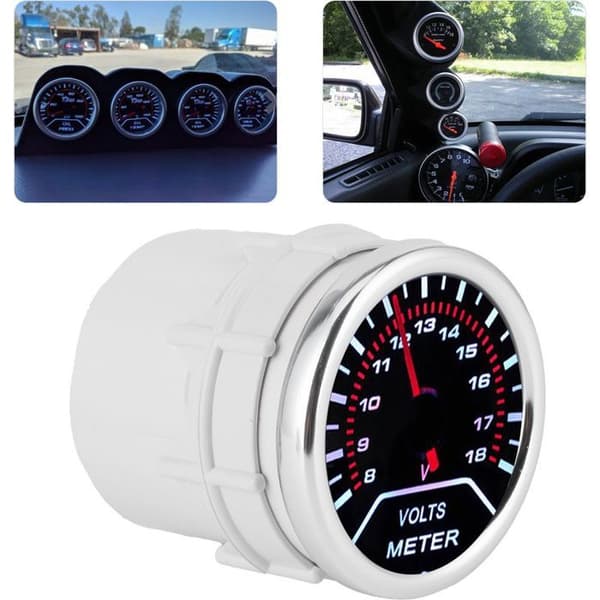 Bilvoltmeter – Hvid LED, 8-18V – til instrumentbræt – 52 mm sort