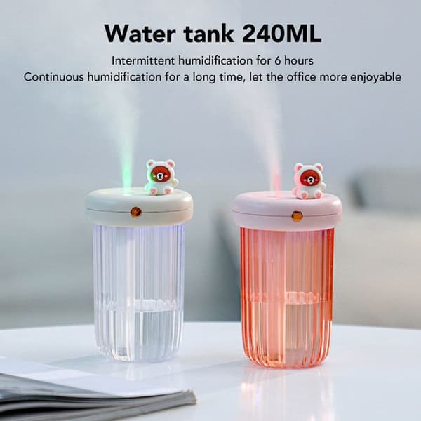 Mini Björn USB Luftfuktare – Dubbel Dimma 240ml – Tyst, Stämningsljus – Kontor, Sovrum, Bil, Vit