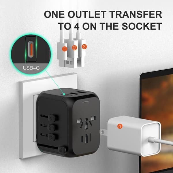 Universaladapter med 30W, 2 USB-A, 1 USB-C strømadapter - Kompatibel med over 100 lande