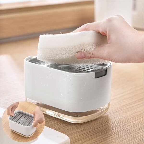 Oppvaskmiddeldispenser med pumpe og svampholder, 300 ml (10 oz) kjøkkenoppvaskmiddeldispenser, svart