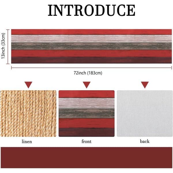 Rød bordløber, 33 x 183 cm, rektangulær, rustik retro landstil, lade træstruktur, linned