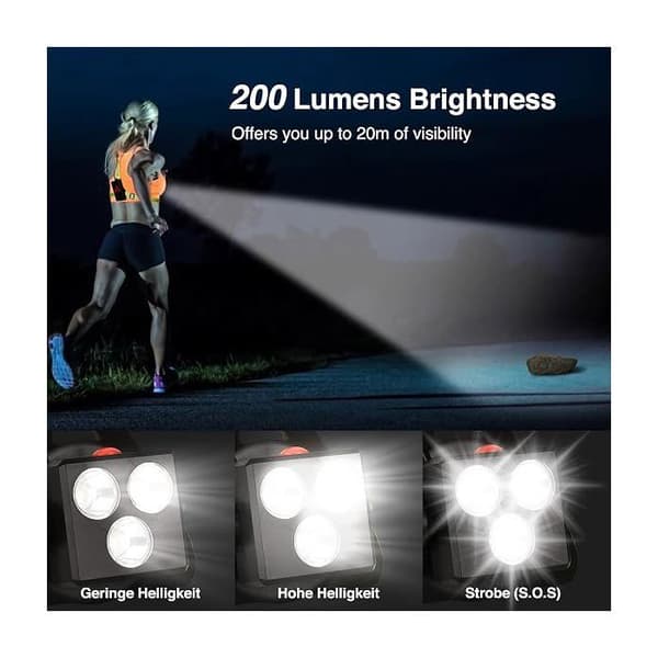 Løpelys, USB oppladbart LED-løpelys, 120° justerbart brystlys, 500 lumen, gåing