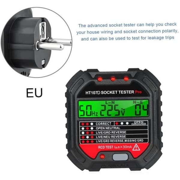 HT107 Stikdåsetester, RCD Multifunktions Auto Output Detektor med LCD Display Måler Værktøj