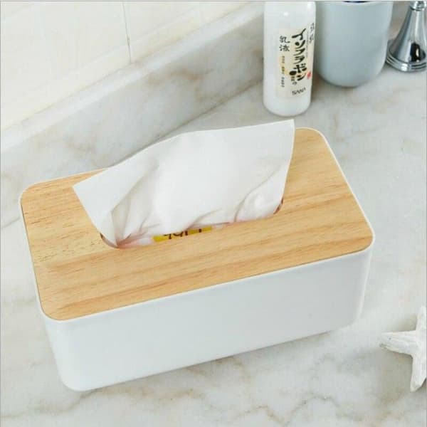 Näsdukslåda, våtservettlåda för badrum, plast, bambu, 21*13*9.8cm, naturfärg, vit/brun