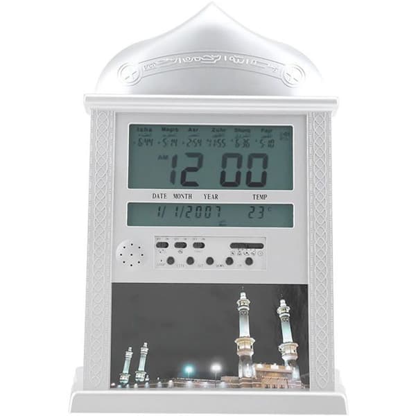 Böneklocka – Azan 1500 städer, månkalender, LCD-bakgrundsbelysning – för hem, moské – silver