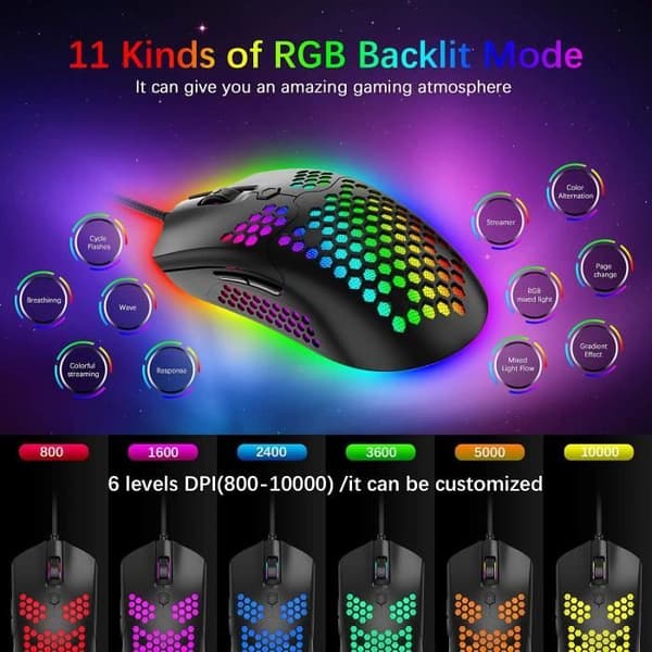 Kablet gamingmus, ultralet honeycomb-vævet overflade, 11 RGB-baggrundsbelyste, programmerbare 7 knapper, sort
