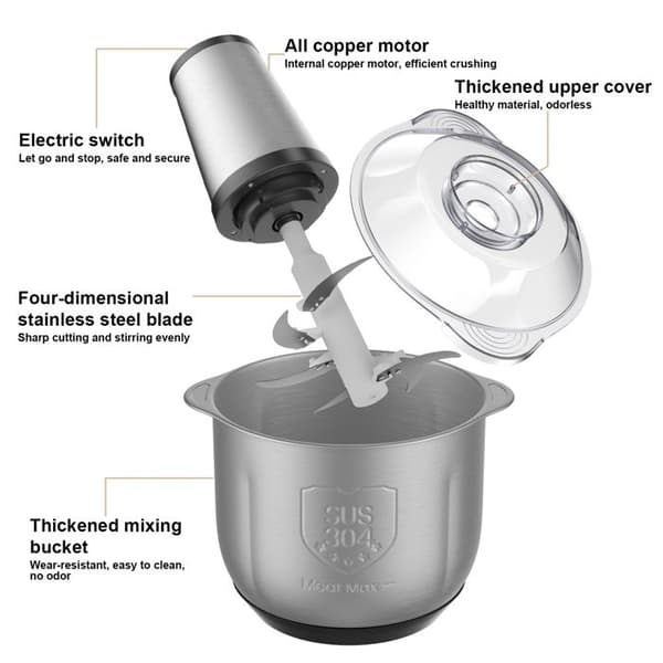 Elektrisk matkutter, 300W, 4L rustfri stålskål, 5 rustfrie stålblader, blender, kjøttkvern, grønnsakskutter, 3 hastigheter, svart
