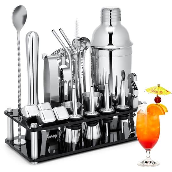 23-dele cocktail sæt med akrylstativ til drinkforberedelse (inkluderer 4 whiskysten).