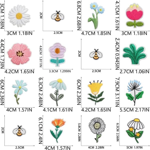 32 stk. farverige blomster-badges, strygemærker, søde tusindfryd, sommerfugle, broderede bier til jeans og tasker