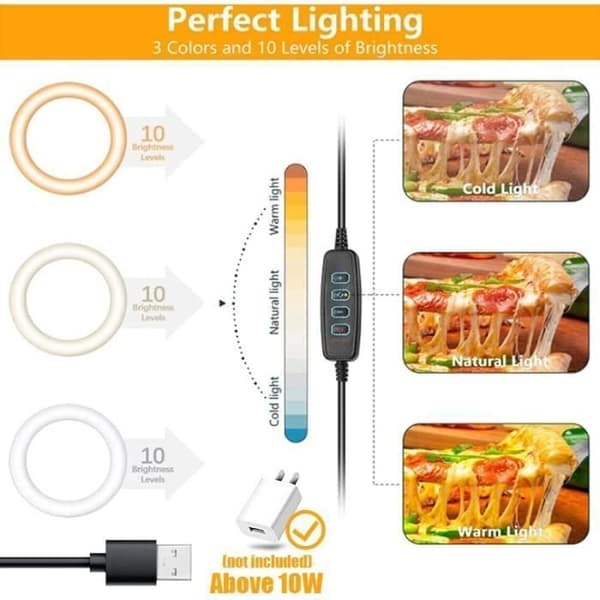 10\" Ringlys - 3-modus LED-ringlys med telefonholder for sminke/telefon