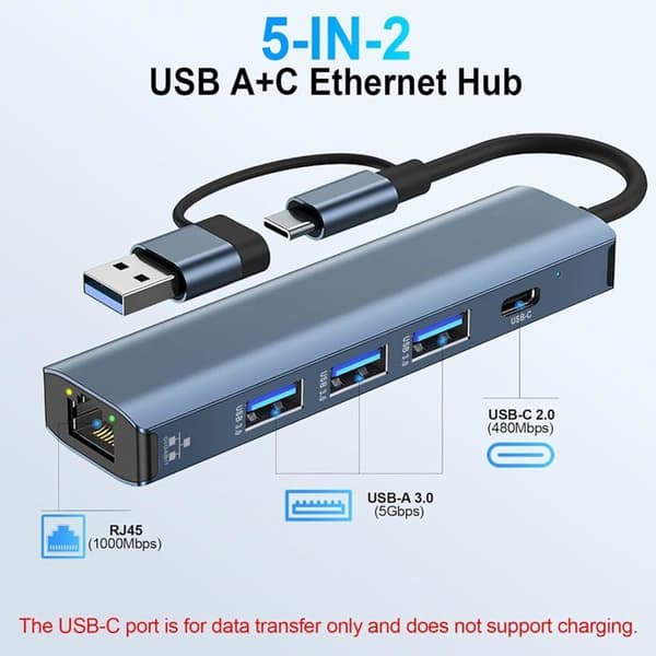 USB Ethernet -sovitin, 1 Gbps, 5-in-1 USB 3.0 ja USB-C–RJ45 LAN -sovitin 3 USB 3.0 -portilla ja 1 Type-C -portilla