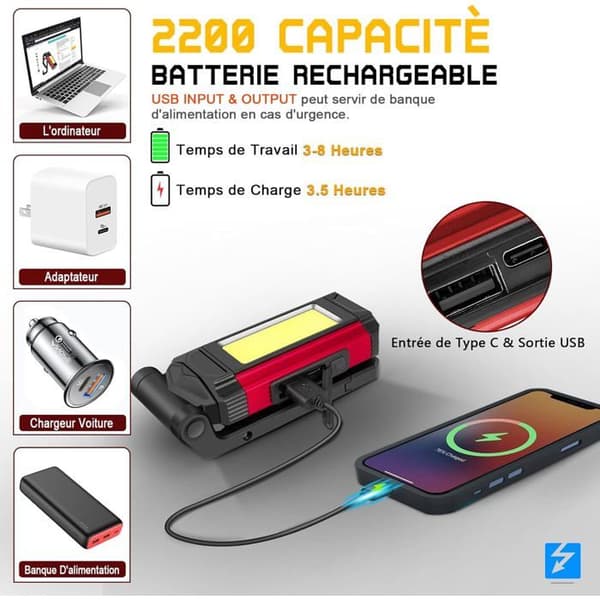 Arbeidslys - Oppladbart LED-arbeidslys 2200mAh - 7 moduser - Magnetisk base - IPX6 vanntett