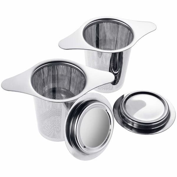 2 STK Te-infuser, Te-infuser med fine huller i 304 rustfrit stål, med to tapper og låg til krus kop tekande