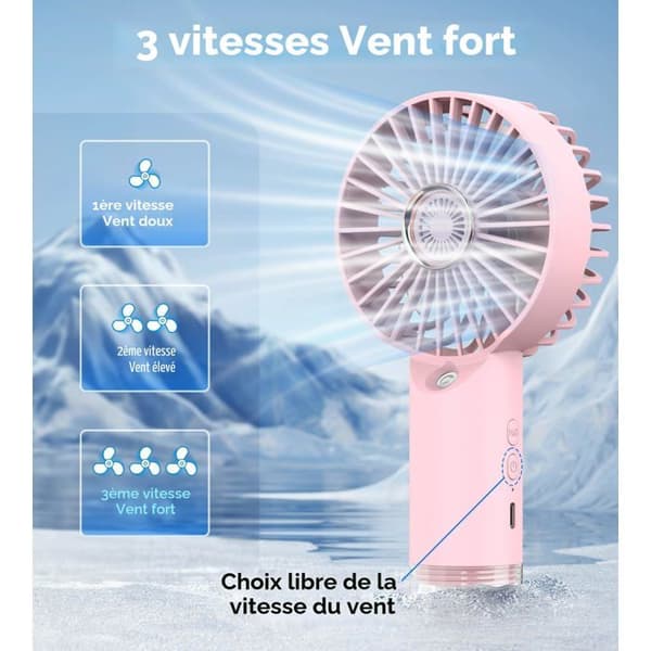 Bærbar anti-røg ventilator, 3-trins genopladelig USB-lommeventilator (pink)