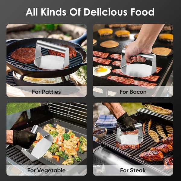 Press rustfritt stål hamburgerkutter Flat-Top Grill Press Bacon Biff Biffsandwich Kraftig og tåler oppvaskmaskin Tilbehør og verktøy