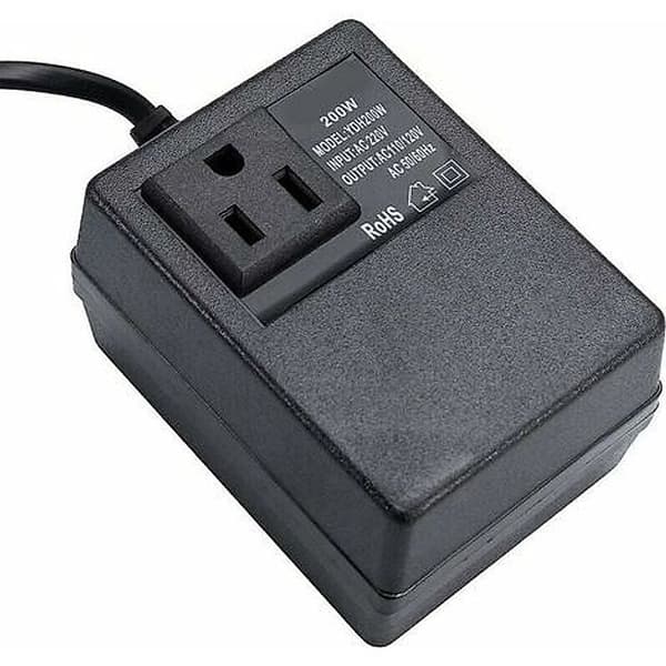 220V till 110V transformator, 200W, med europeisk kontakt, för reducerad spänning.
