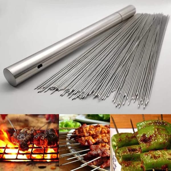 Sett med 50 grillspyd i rustfritt stål med oppbevaringsrør