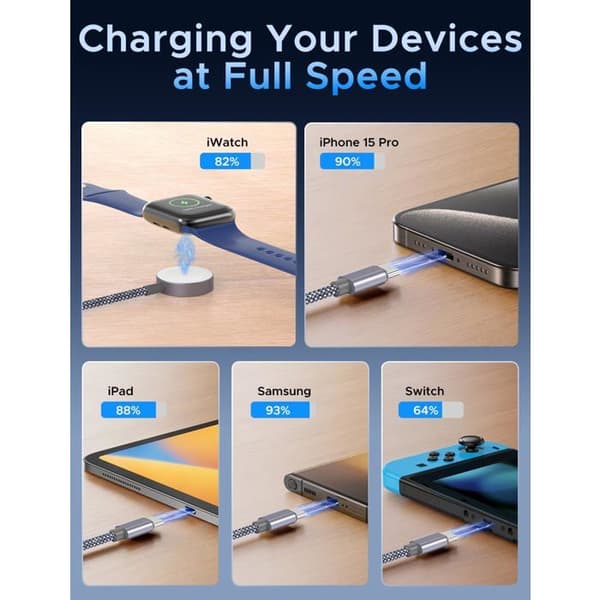 Oppgradert 3-i-2 USB-C-kabel for Apple Watch og iPhone-lader, multi-rask USB-C-ladekabel