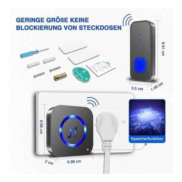 Trådløs dørklokke - 1 mottaker + 2 sendere - IP55 vanntett - 55 ringetoner - Justerbart volum