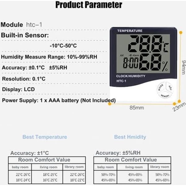 Digital termometer hygrometer med utomhussond - Stor LCD-skärm - ℃/℉ omkopplare - Hem/Kontor/Sovrum