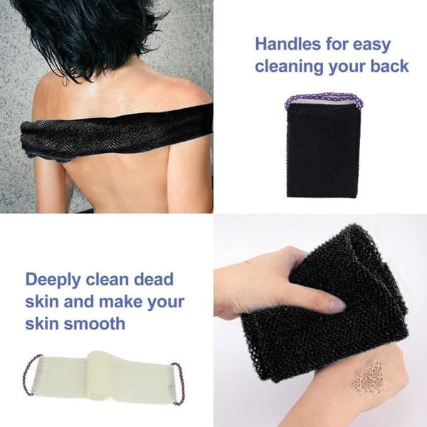 Eksfolierende handsker og net – blød nylon – til bad og sart hud – sort/beige